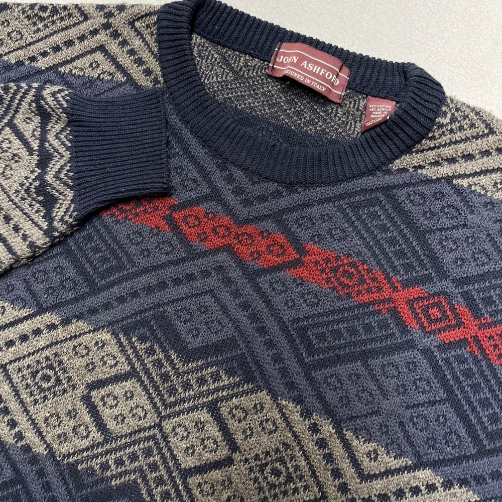 VTG JOHN ASHFORD 3D knit Geo Crew Neck Sweater Large Made Bulgaria Cotton blend